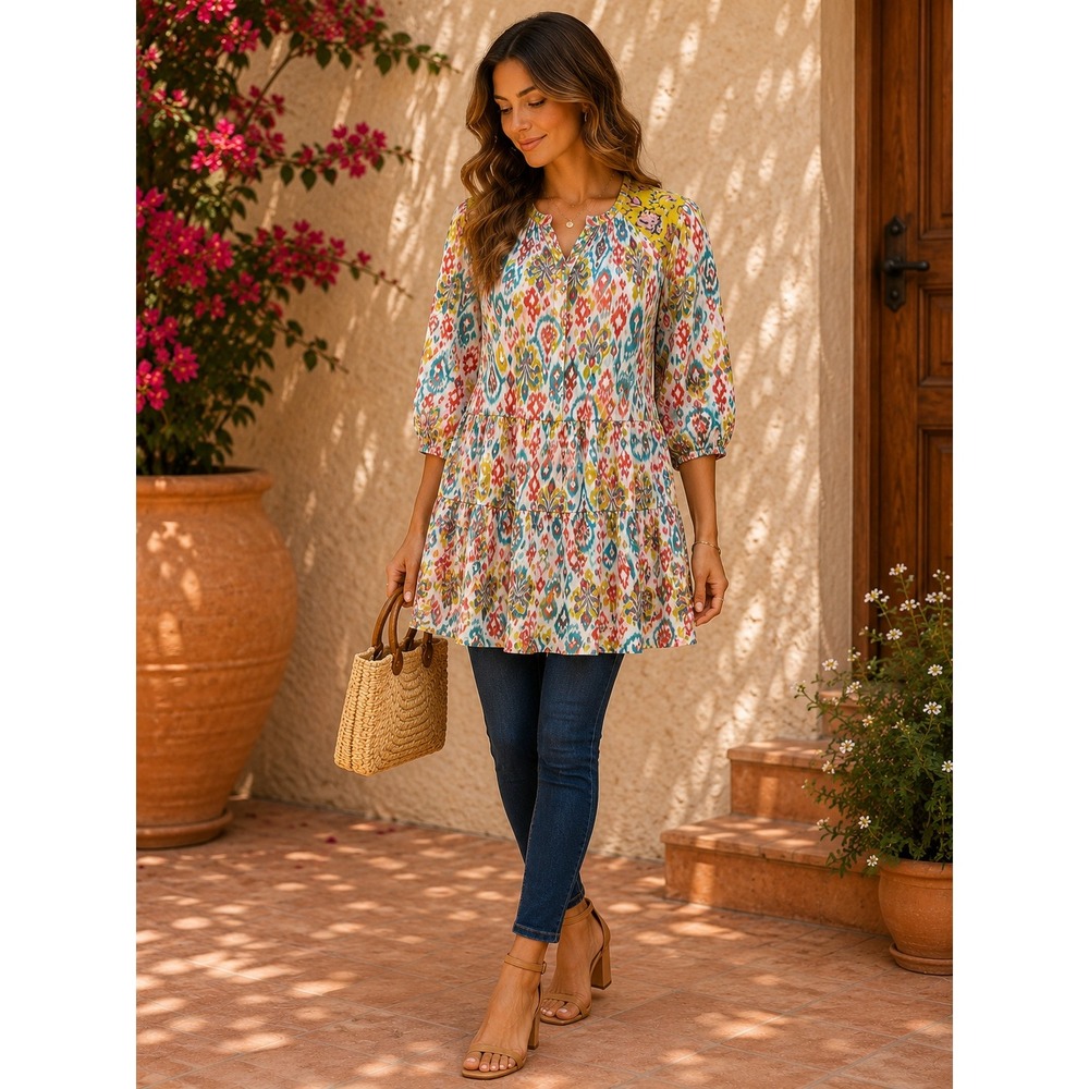 Anthropologie A+ Mixed Ikat Floral Tiered Tunic Blouse Multi Color 1X